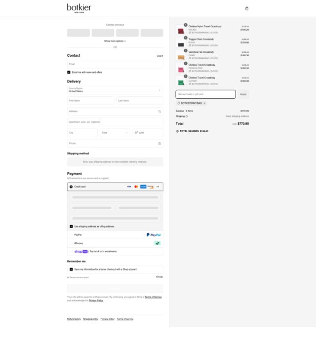 Botkier checkout page showing Botkier promo code box | Screenshot taken by SimplyCodes community member on Mar 10, 2025