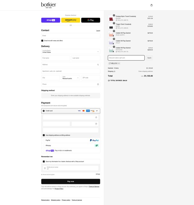 Botkier checkout page showing Botkier promo code box | Screenshot taken by SimplyCodes community member on Apr 1, 2025