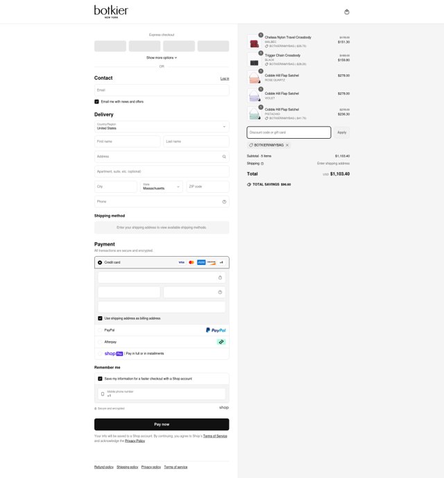 Botkier checkout page showing Botkier promo code box | Screenshot taken by SimplyCodes community member on Apr 1, 2025