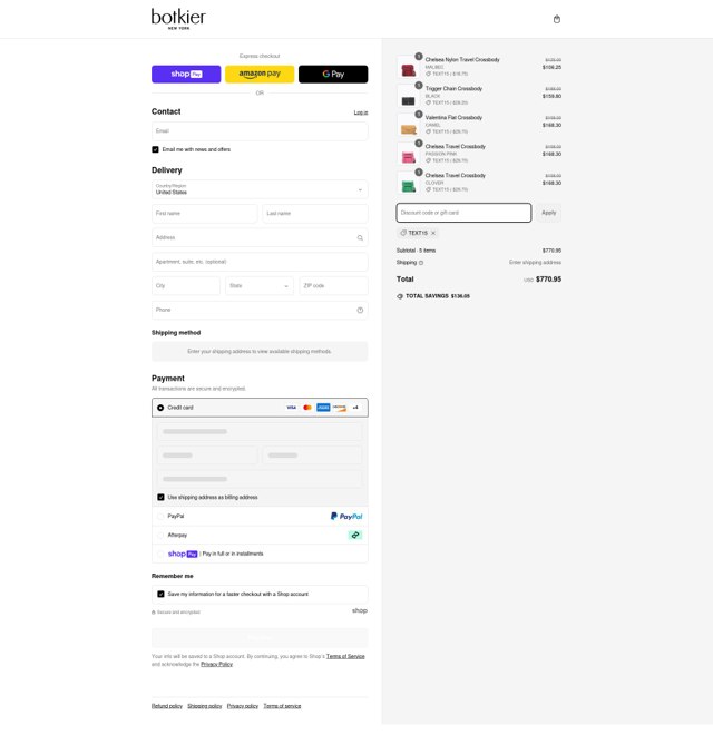 Botkier checkout page showing Botkier promo code box | Screenshot taken by SimplyCodes community member on Mar 10, 2025