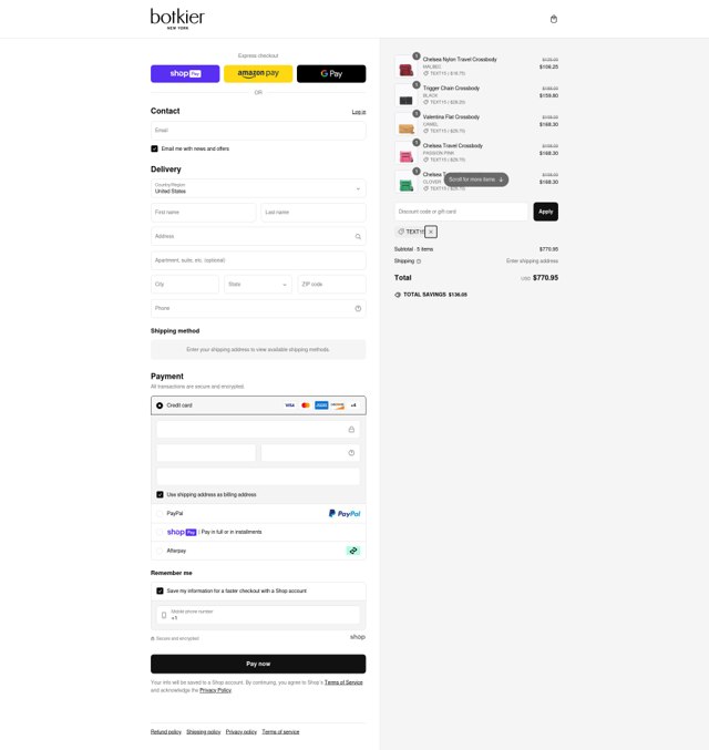 Botkier checkout page showing Botkier promo code box | Screenshot taken by SimplyCodes community member on Mar 9, 2025
