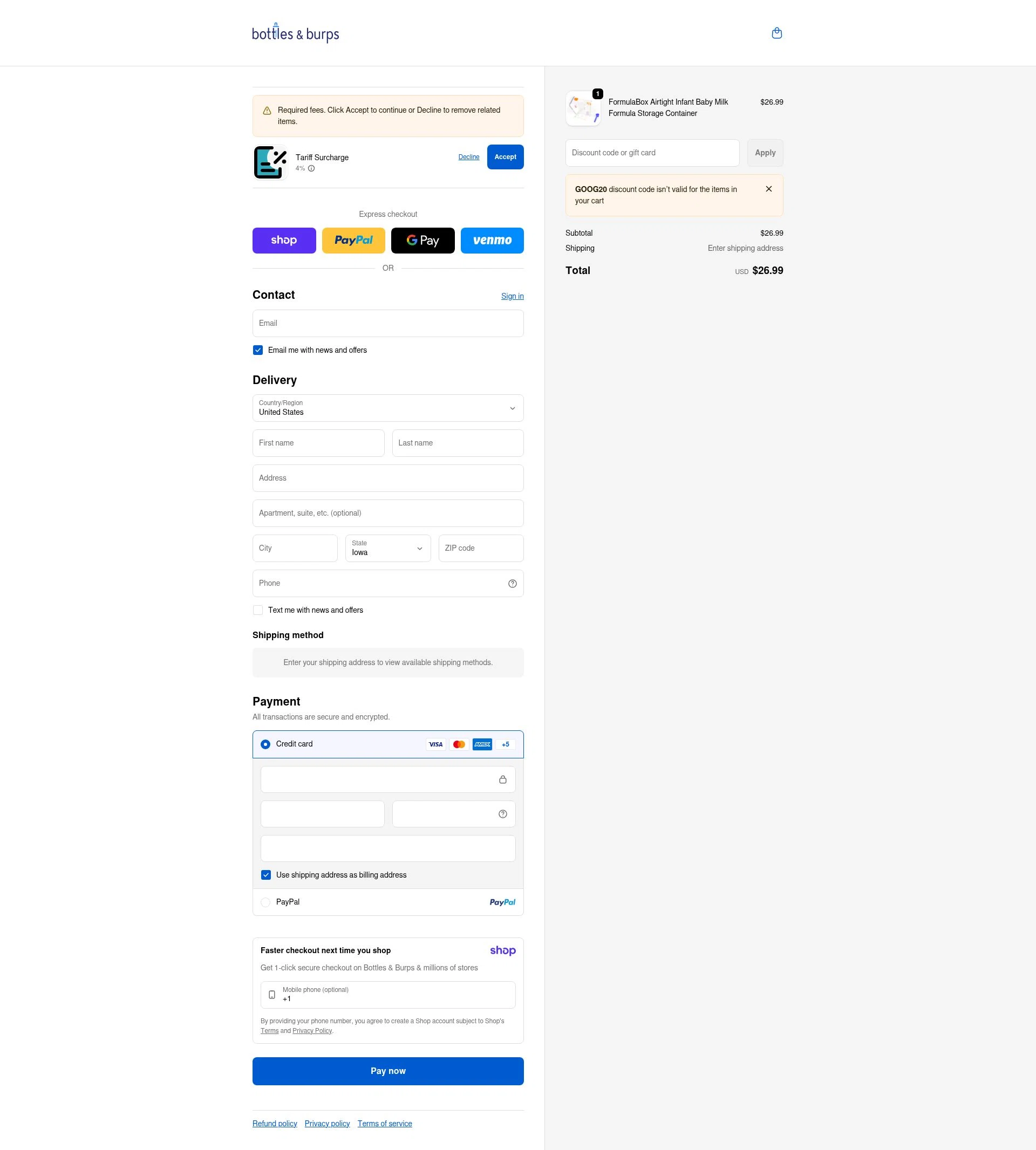 Bottles & Burps checkout page showing Bottles & Burps promo code box | Screenshot taken by SimplyCodes community member on Jan 15, 2026