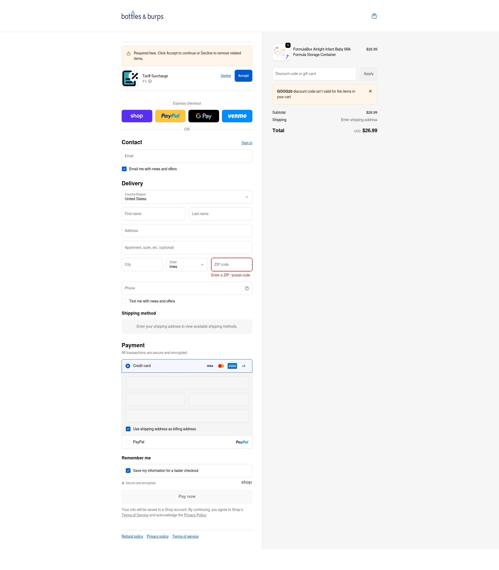 Bottles & Burps checkout page showing Bottles & Burps promo code box | Screenshot taken by SimplyCodes community member on Jan 5, 2026