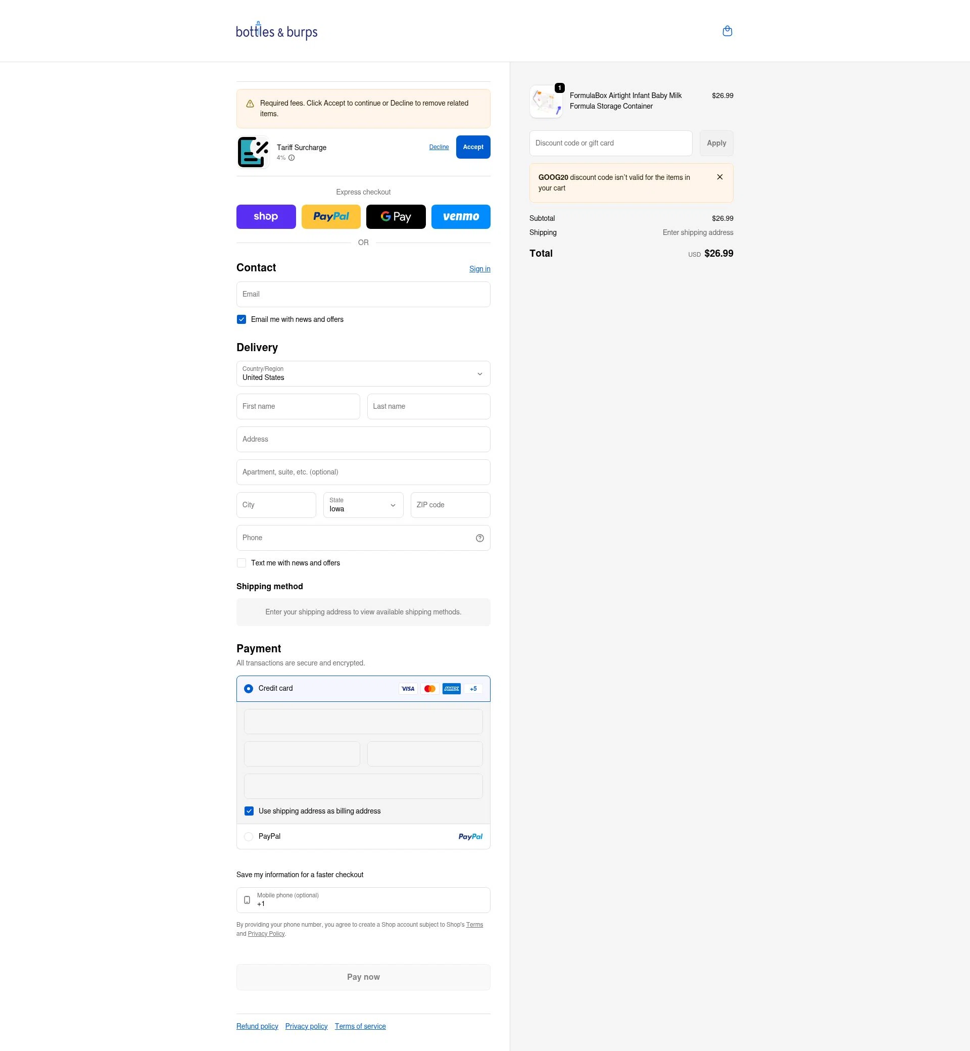 Bottles & Burps checkout page showing Bottles & Burps promo code box | Screenshot taken by SimplyCodes community member on Feb 3, 2026