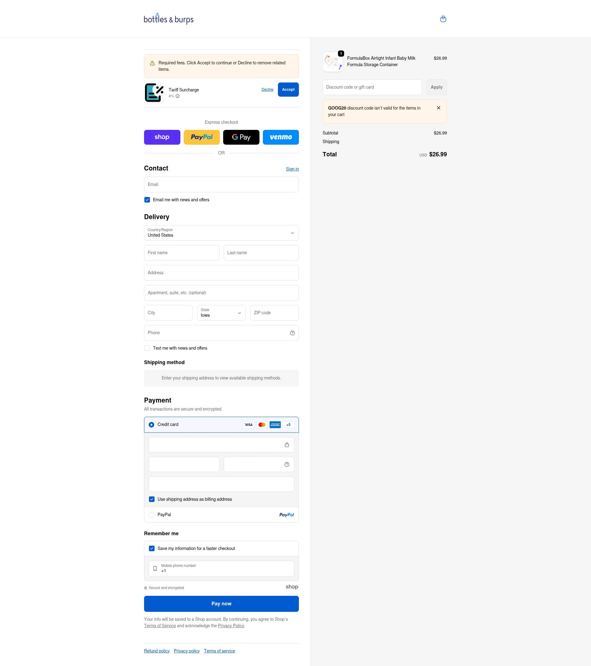 Bottles & Burps checkout page showing Bottles & Burps promo code box | Screenshot taken by SimplyCodes community member on Jan 20, 2026