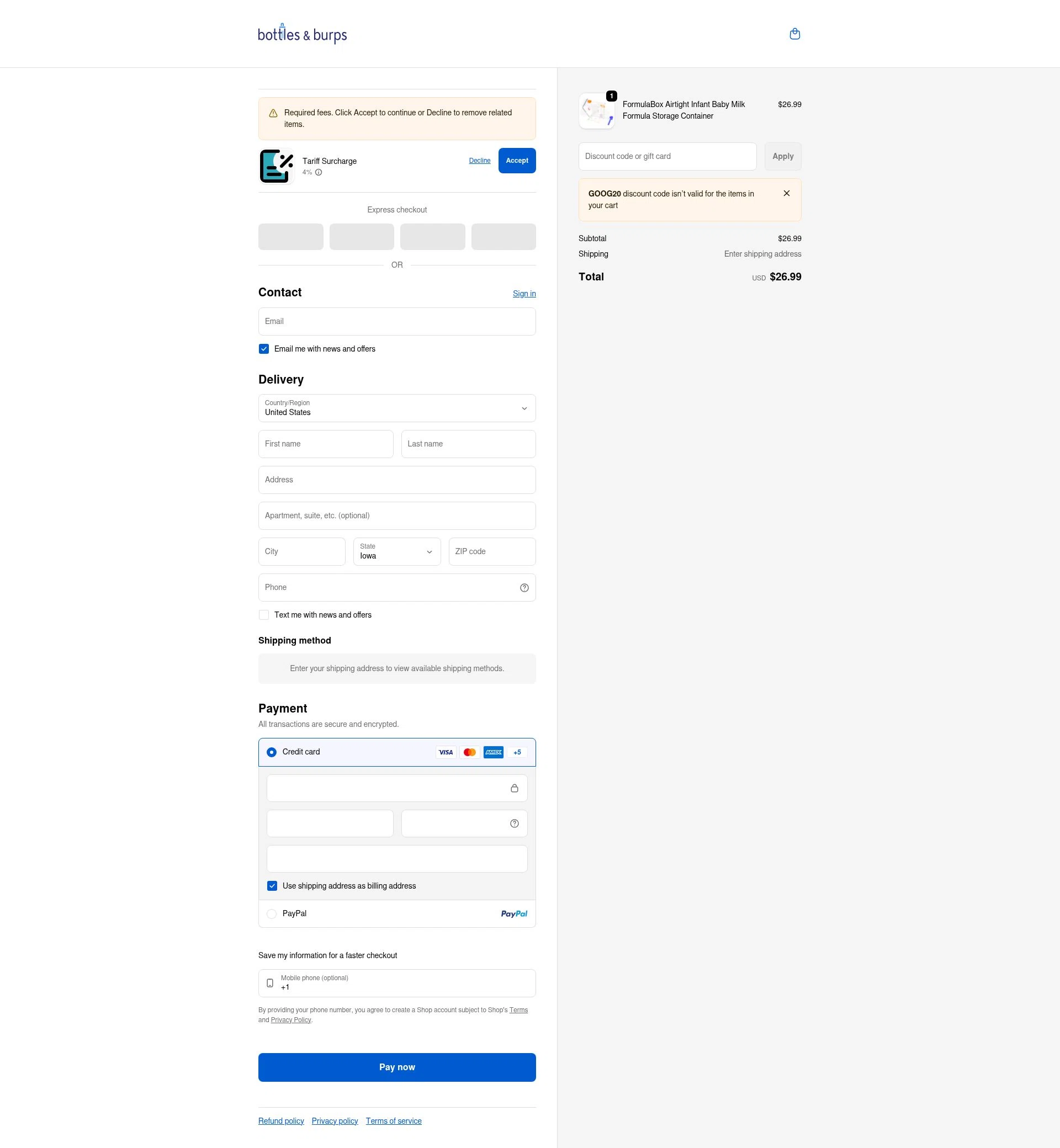 Bottles & Burps checkout page showing Bottles & Burps promo code box | Screenshot taken by SimplyCodes community member on Feb 7, 2026