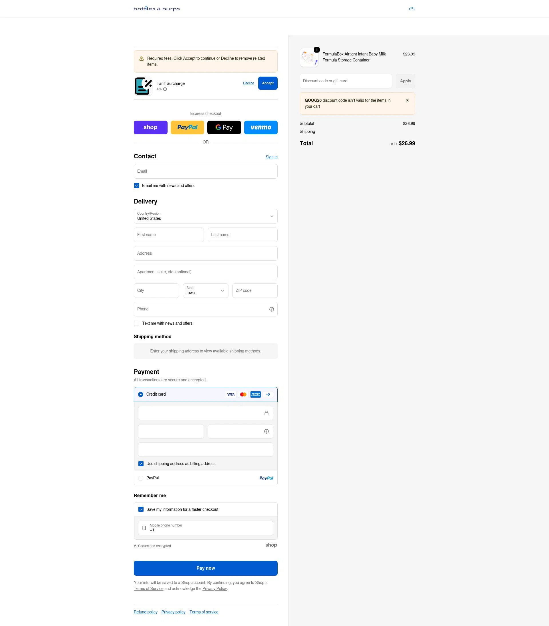 Bottles & Burps checkout page showing Bottles & Burps promo code box | Screenshot taken by SimplyCodes community member on Jan 25, 2026