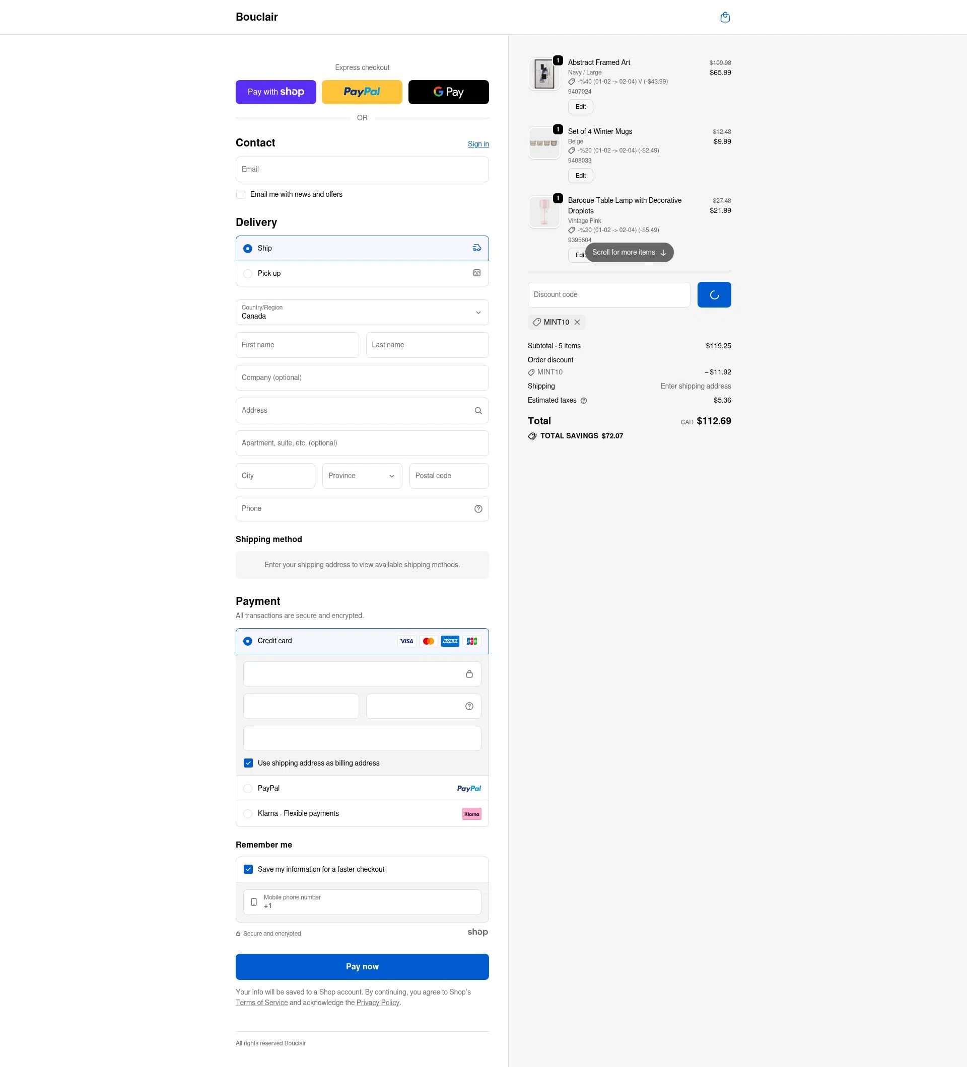 Bouclair checkout page showing Bouclair promo code box | Screenshot taken by SimplyCodes community member on Jan 7, 2026