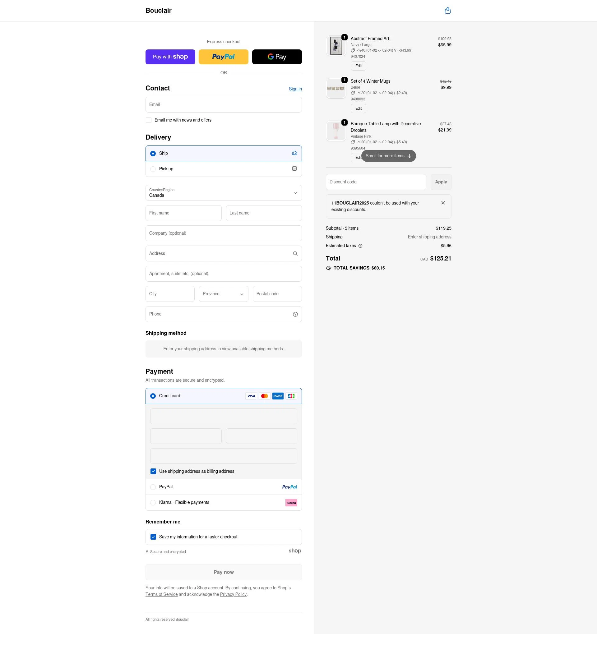 Bouclair checkout page showing Bouclair promo code box | Screenshot taken by SimplyCodes community member on Jan 7, 2026