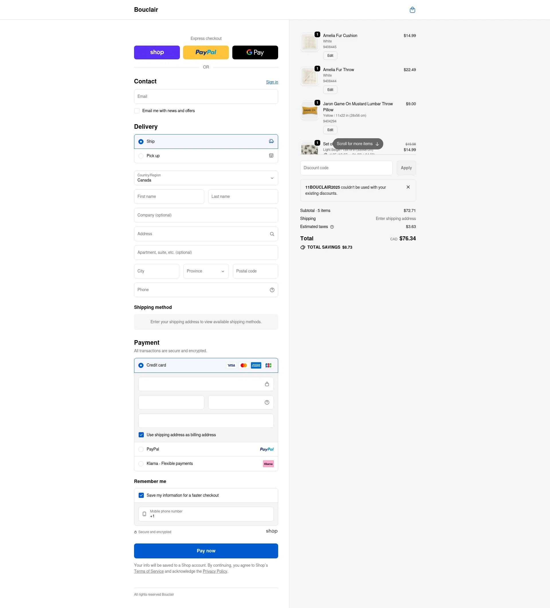 Bouclair checkout page showing Bouclair promo code box | Screenshot taken by SimplyCodes community member on Jan 1, 2026