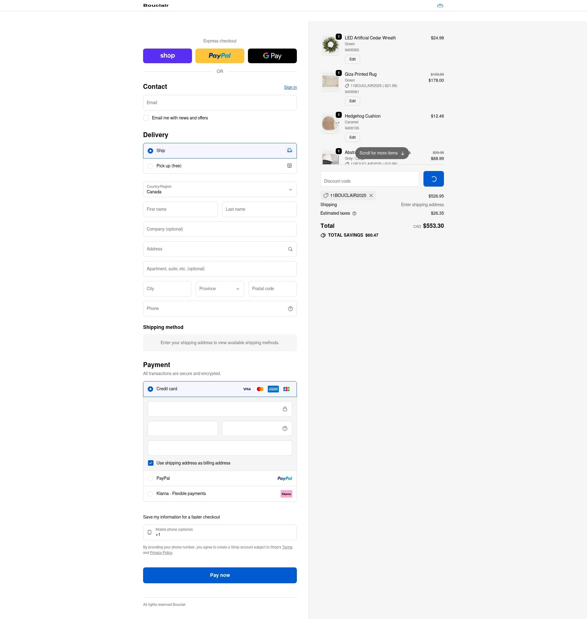 Bouclair checkout page showing Bouclair promo code box | Screenshot taken by SimplyCodes community member on Jan 12, 2026