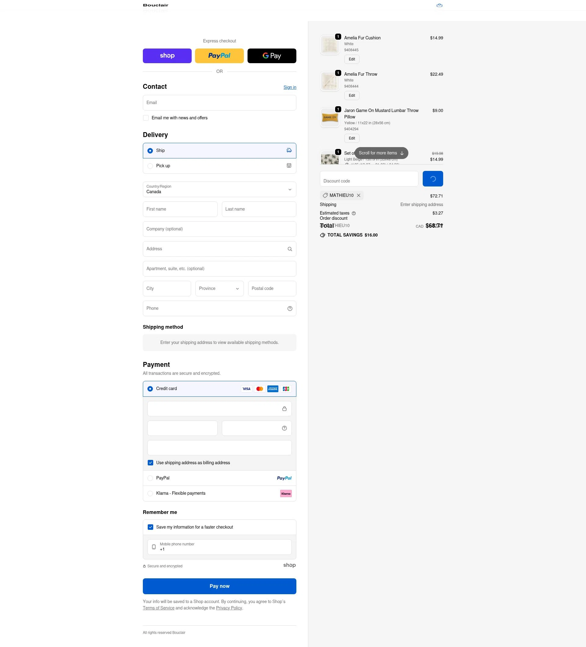Bouclair checkout page showing Bouclair promo code box | Screenshot taken by SimplyCodes community member on Jan 1, 2026