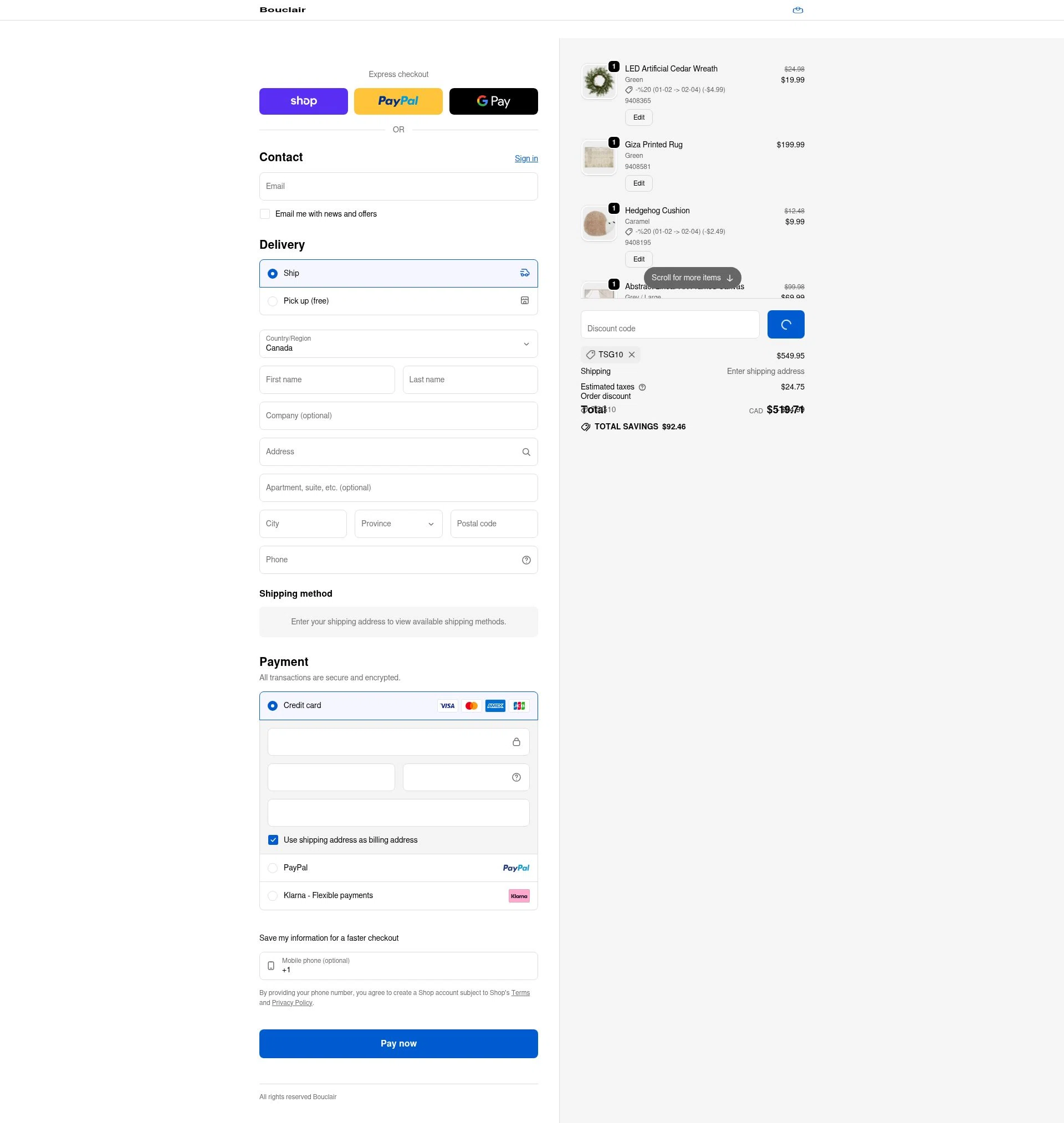 Bouclair checkout page showing Bouclair promo code box | Screenshot taken by SimplyCodes community member on Jan 12, 2026