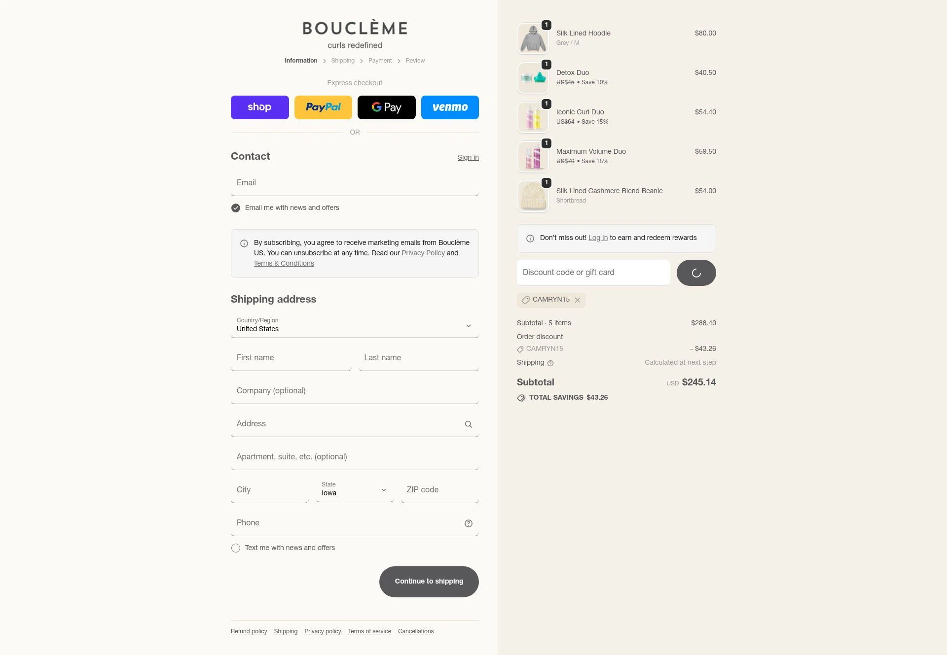 Bouclème US checkout page showing Bouclème US promo code box | Screenshot taken by SimplyCodes community member on Jan 8, 2026