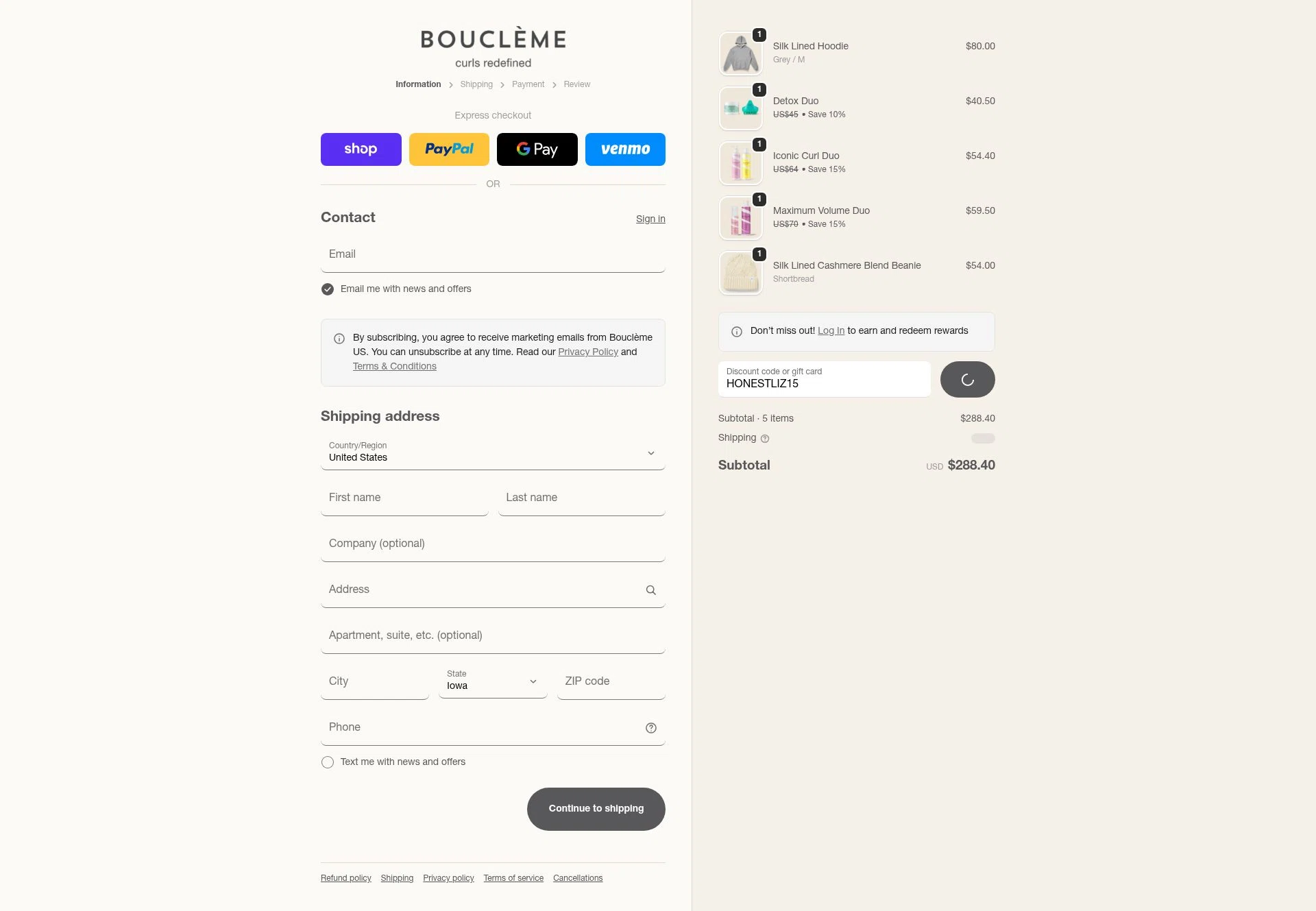 Bouclème US checkout page showing Bouclème US promo code box | Screenshot taken by SimplyCodes community member on Jan 8, 2026