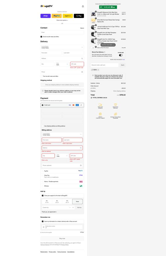 BougeRV checkout page showing BougeRV discount code box | Screenshot taken by SimplyCodes community member on Sep 14, 2025