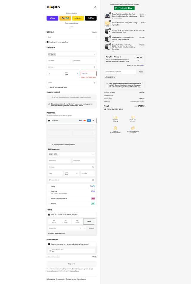 BougeRV checkout page showing BougeRV discount code box | Screenshot taken by SimplyCodes community member on Sep 14, 2025