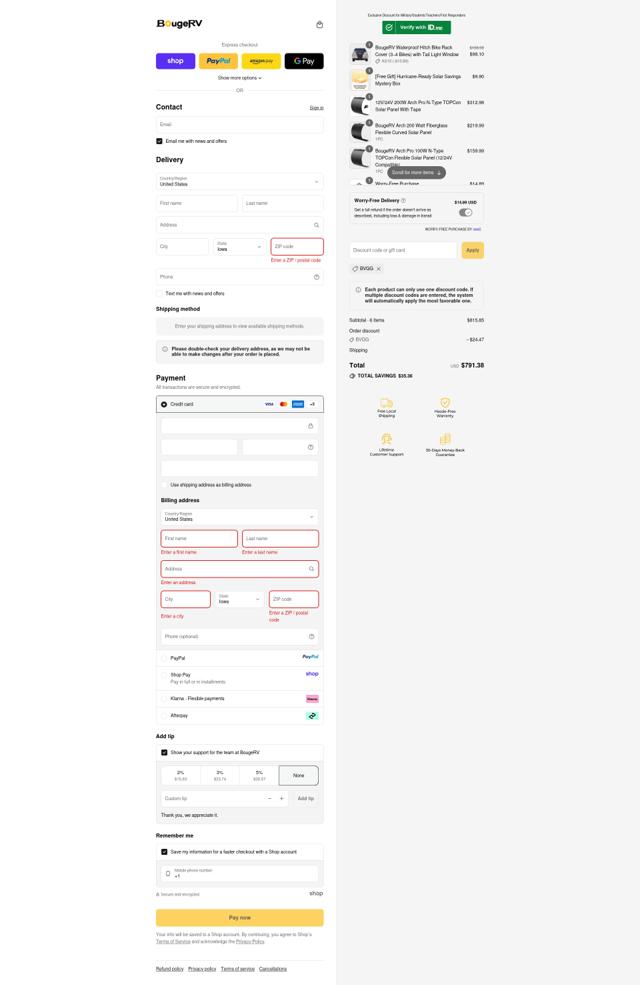 BougeRV checkout page showing BougeRV discount code box | Screenshot taken by SimplyCodes community member on Sep 14, 2025