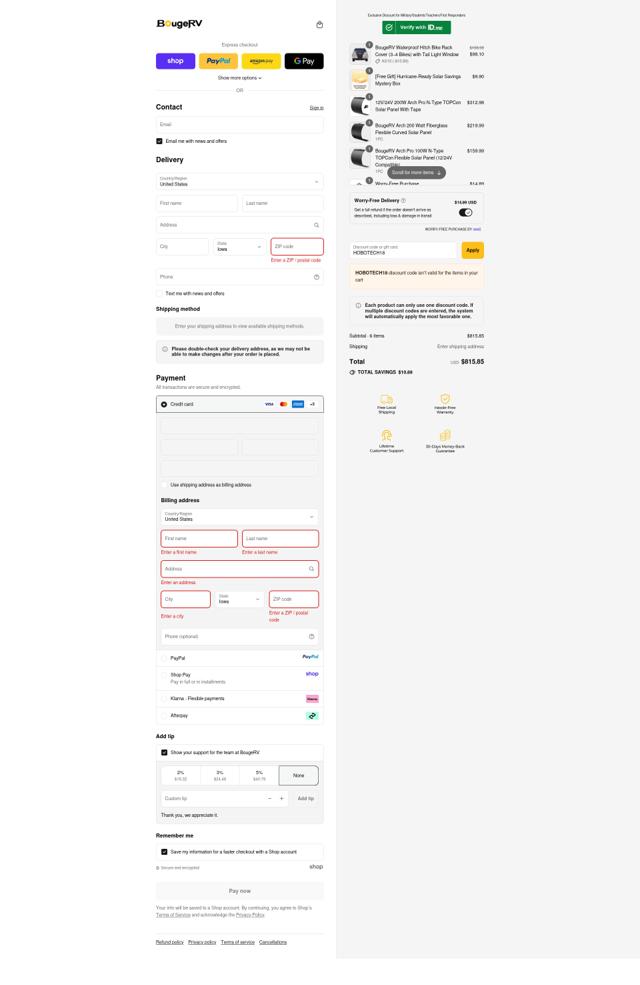BougeRV checkout page showing BougeRV discount code box | Screenshot taken by SimplyCodes community member on Sep 14, 2025