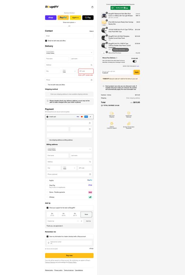 BougeRV checkout page showing BougeRV discount code box | Screenshot taken by SimplyCodes community member on Sep 14, 2025