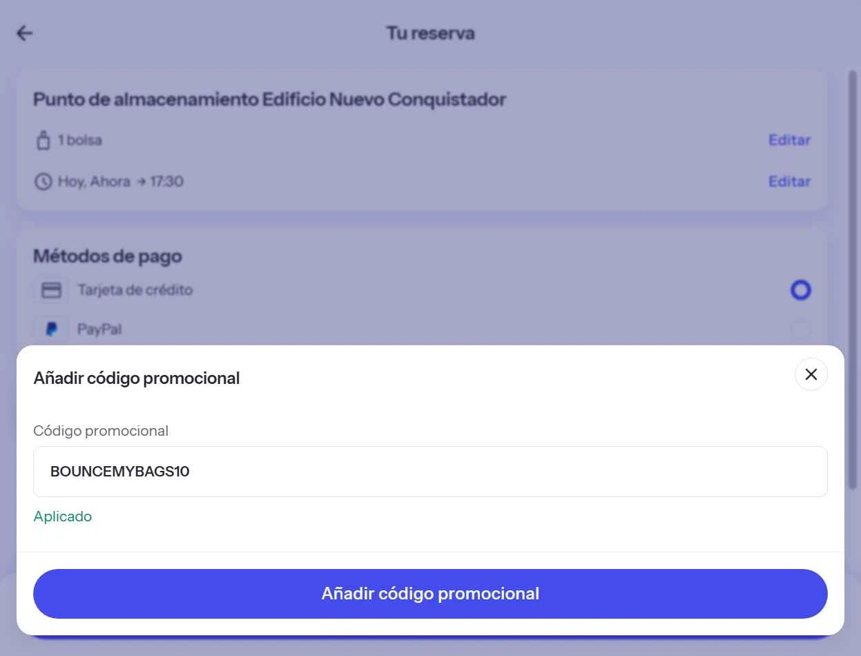 Bounce Luggage Storage checkout page showing Bounce Luggage Storage promo code box | Screenshot taken by SimplyCodes community member on Nov 20, 2025