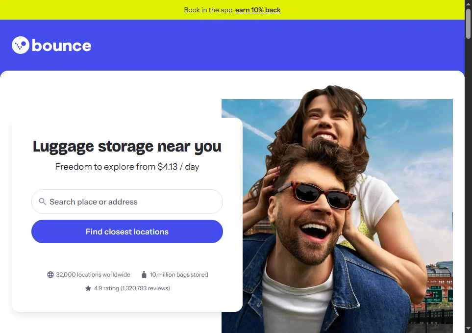 Bounce Luggage Storage checkout page showing Bounce Luggage Storage promo code box | Screenshot taken by SimplyCodes community member on Dec 22, 2025