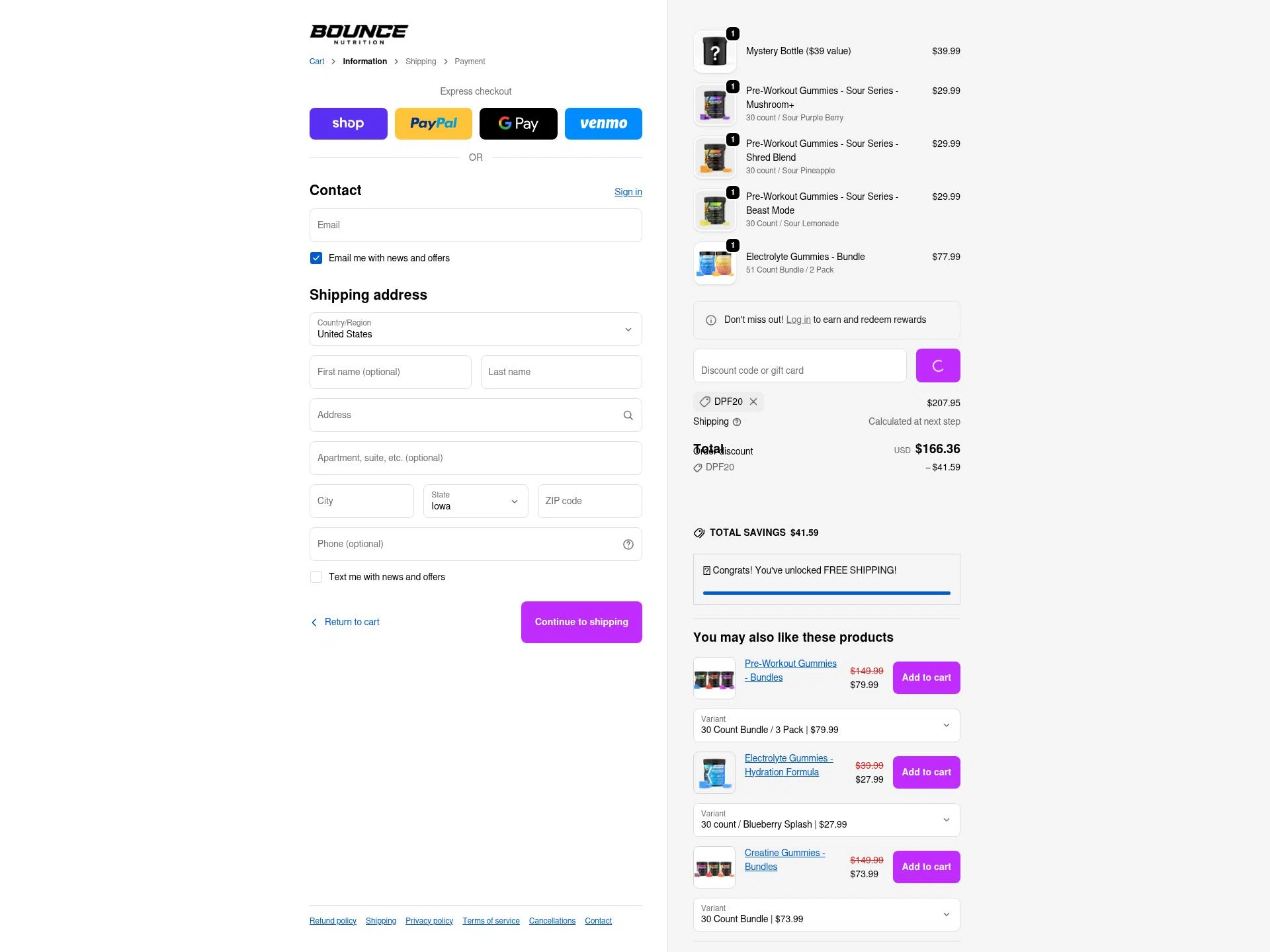 Bounce Nutrition checkout page showing Bounce Nutrition discount code box | Screenshot taken by SimplyCodes community member on Jan 5, 2026