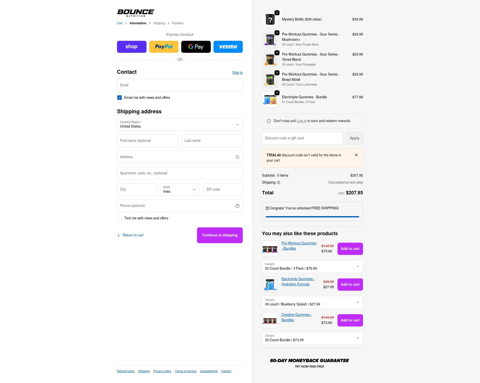 Bounce Nutrition checkout page showing Bounce Nutrition discount code box | Screenshot taken by SimplyCodes community member on Jan 5, 2026