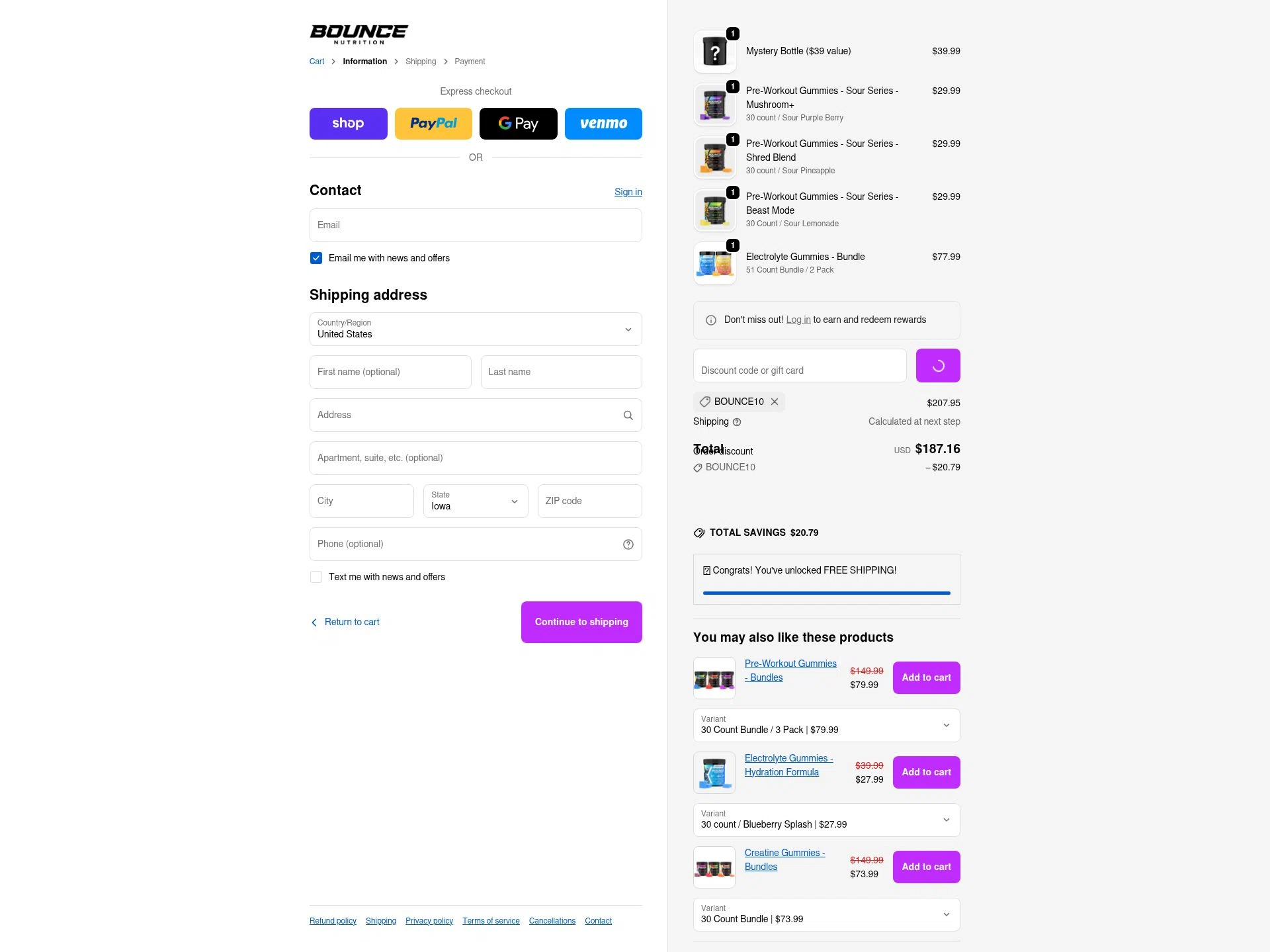 Bounce Nutrition checkout page showing Bounce Nutrition discount code box | Screenshot taken by SimplyCodes community member on Jan 5, 2026