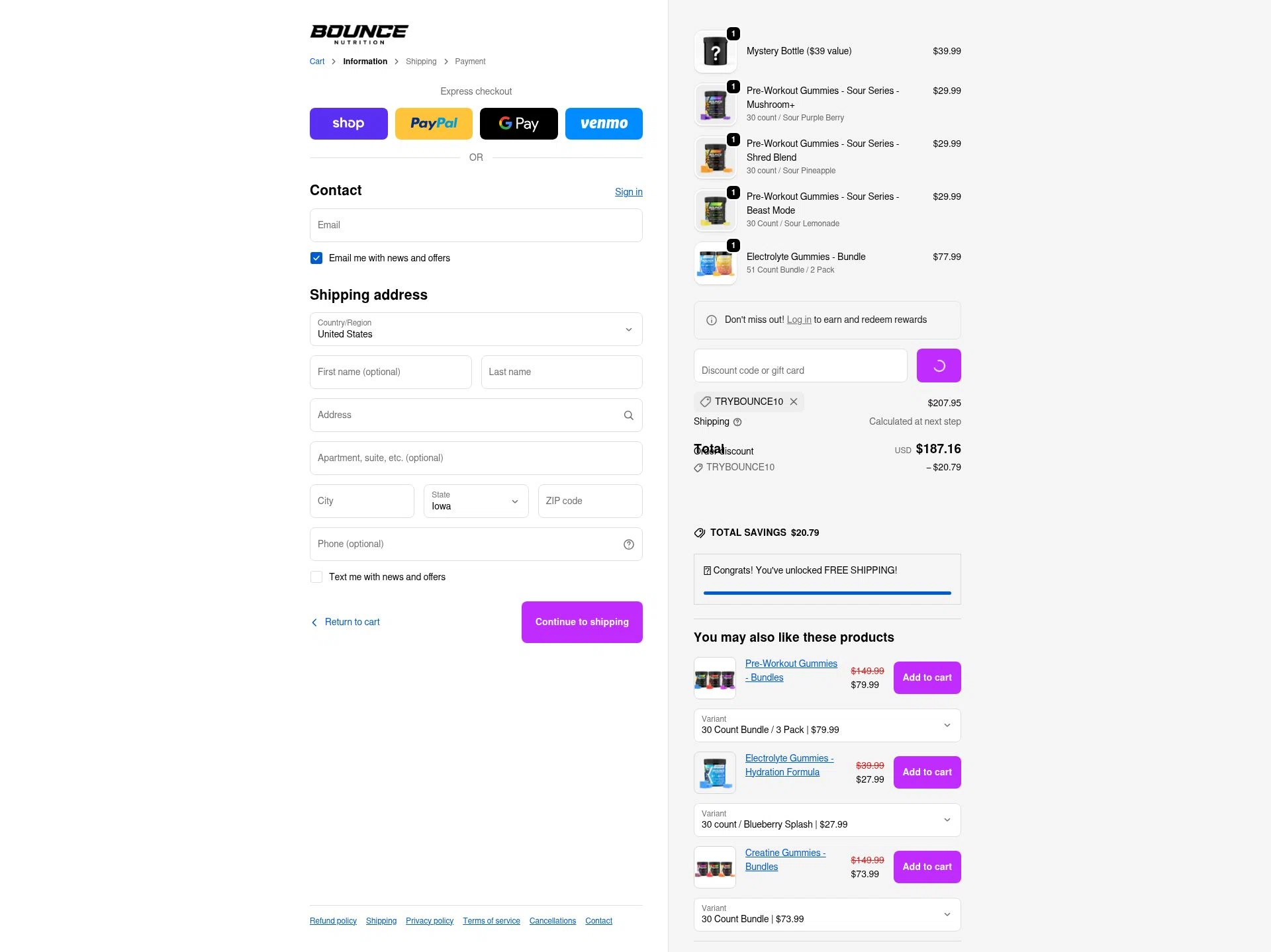 Bounce Nutrition checkout page showing Bounce Nutrition discount code box | Screenshot taken by SimplyCodes community member on Jan 5, 2026