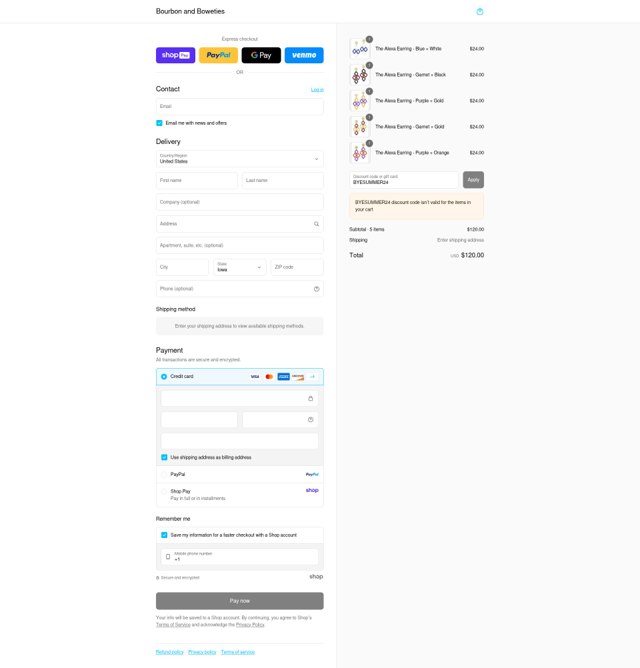 Bourbon and Boweties checkout page showing Bourbon and Boweties promo code box | Screenshot taken by SimplyCodes community member on Aug 27, 2025