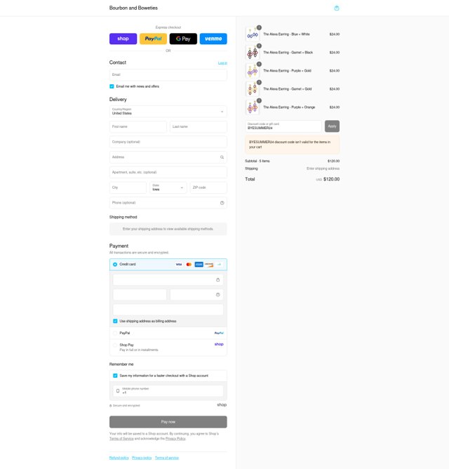 Bourbon and Boweties checkout page showing Bourbon and Boweties promo code box | Screenshot taken by SimplyCodes community member on Sep 4, 2025