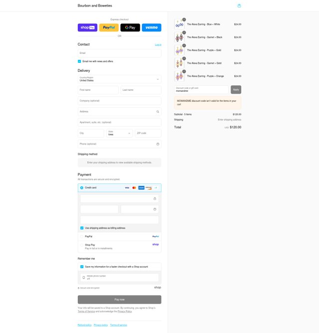 Bourbon and Boweties checkout page showing Bourbon and Boweties promo code box | Screenshot taken by SimplyCodes community member on Aug 27, 2025