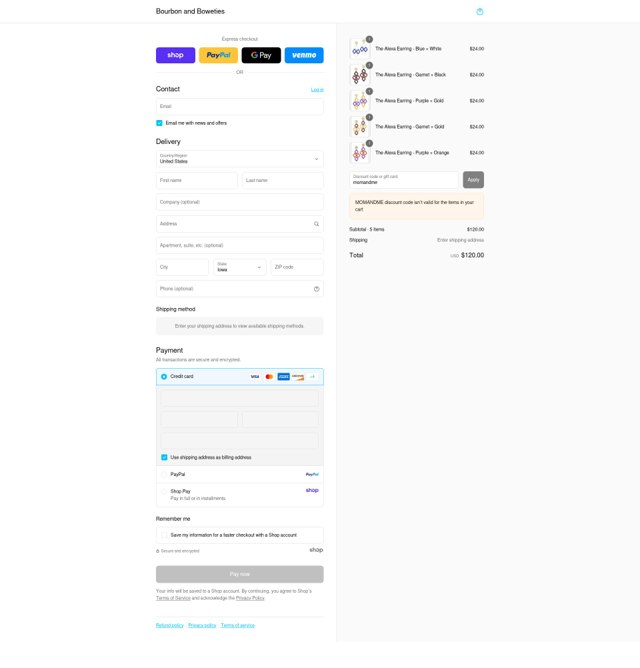 Bourbon and Boweties checkout page showing Bourbon and Boweties promo code box | Screenshot taken by SimplyCodes community member on Sep 4, 2025