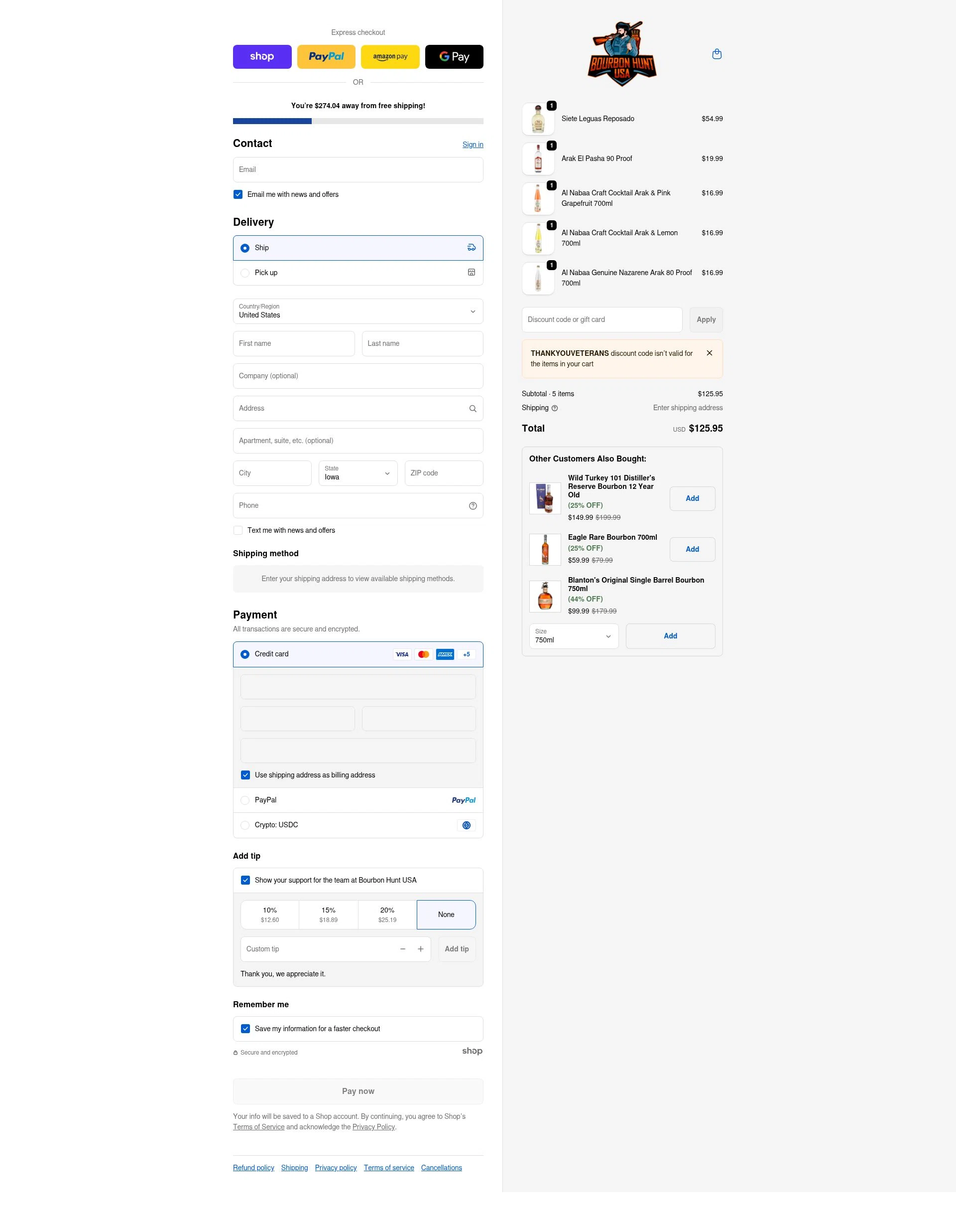Bourbon Hunt USA checkout page showing Bourbon Hunt USA discount code box | Screenshot taken by SimplyCodes community member on Jan 23, 2026