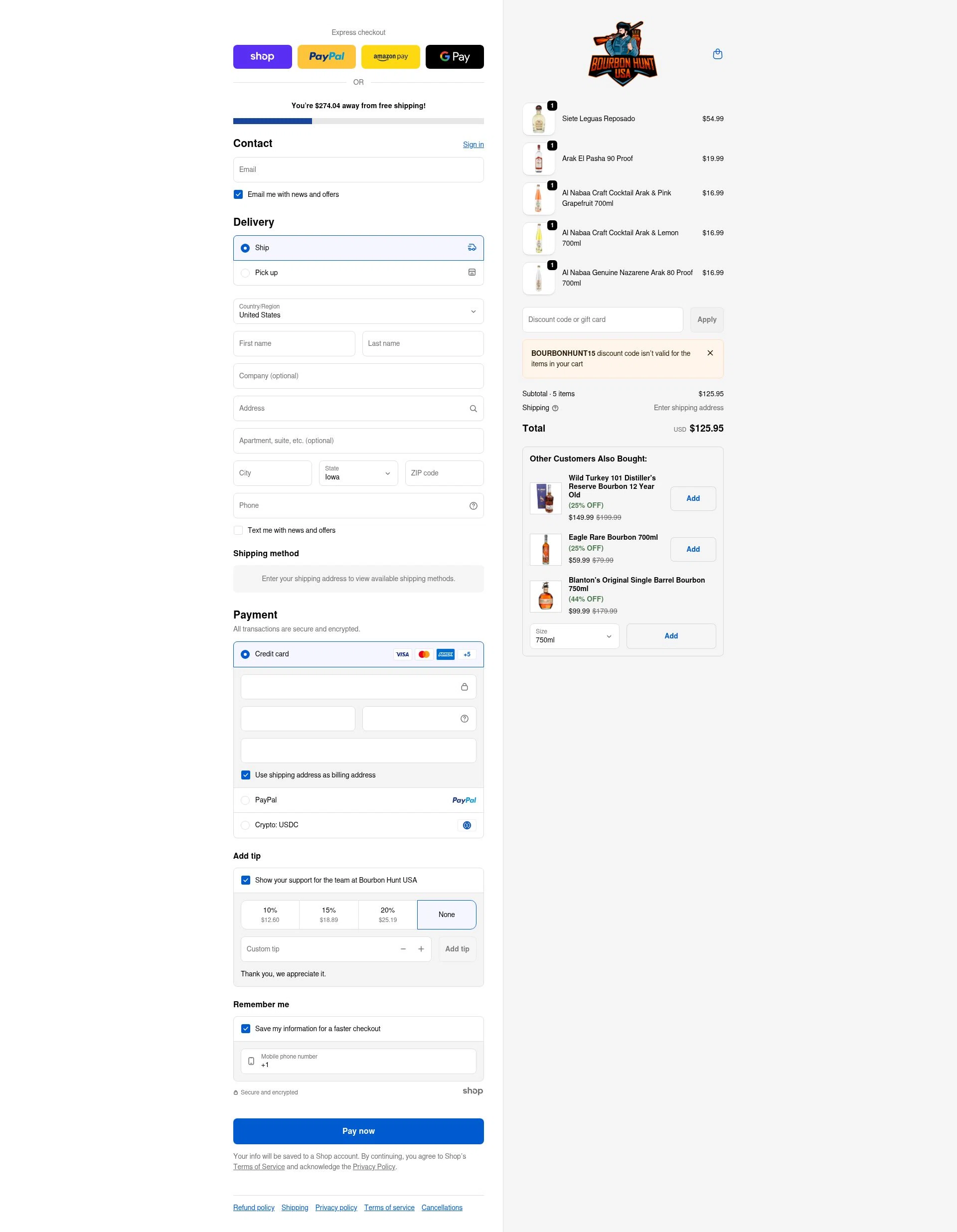 Bourbon Hunt USA checkout page showing Bourbon Hunt USA discount code box | Screenshot taken by SimplyCodes community member on Jan 23, 2026