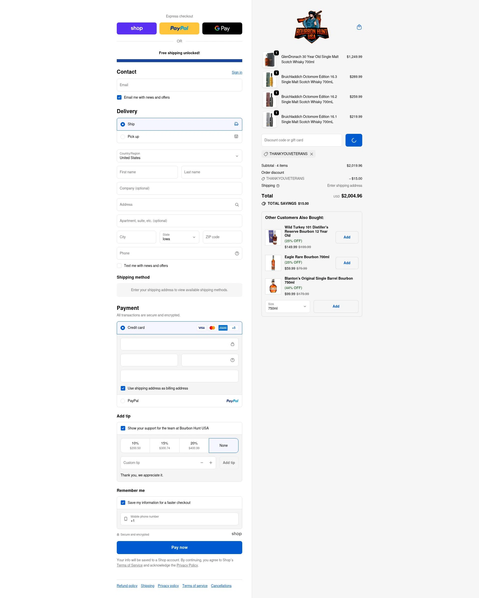 Bourbon Hunt USA checkout page showing Bourbon Hunt USA discount code box | Screenshot taken by SimplyCodes community member on Jan 18, 2026