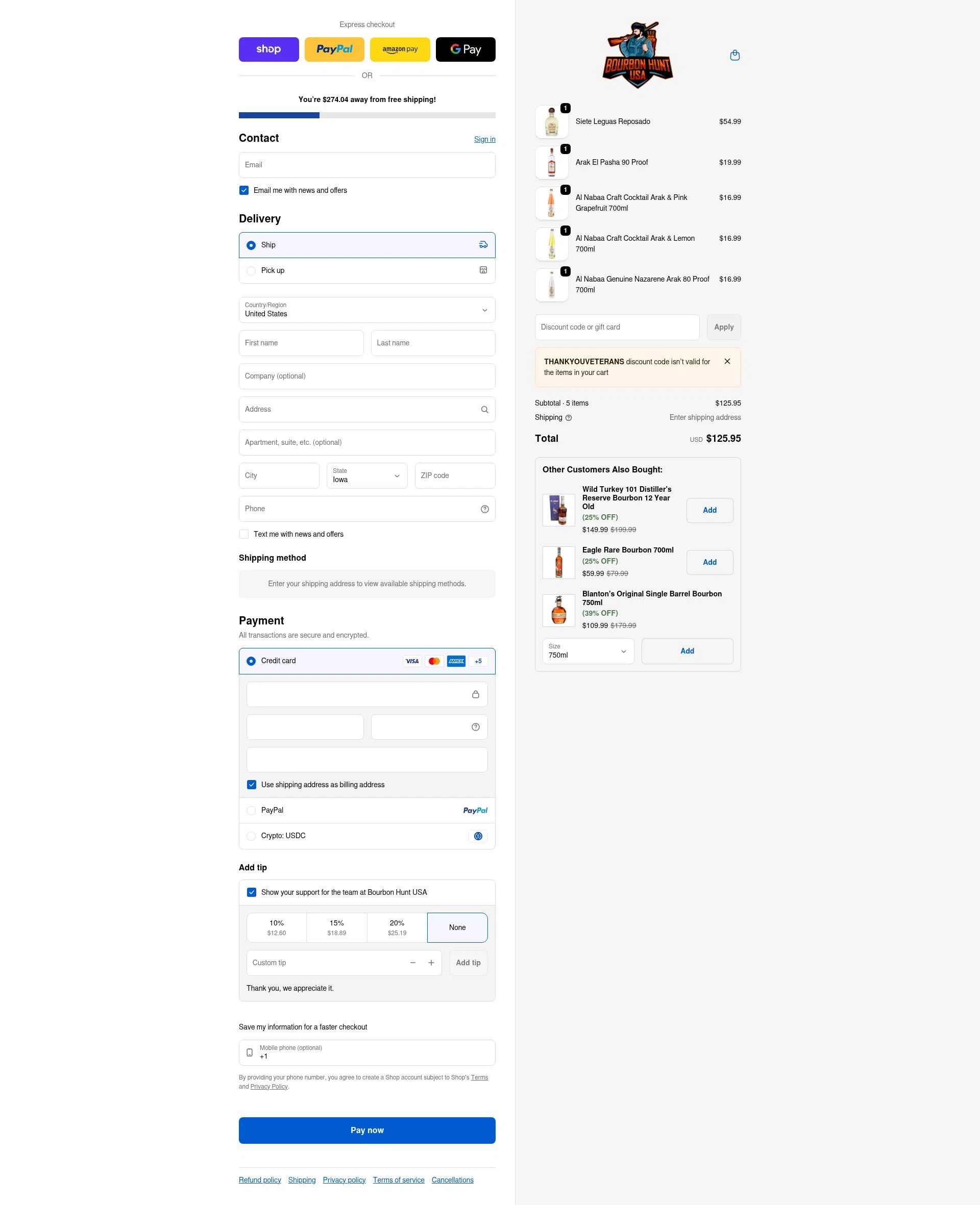 Bourbon Hunt USA checkout page showing Bourbon Hunt USA discount code box | Screenshot taken by SimplyCodes community member on Feb 1, 2026