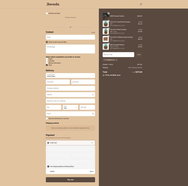 Boveda Store checkout page showing Boveda Store promo code box | Screenshot taken by SimplyCodes community member on Sep 4, 2025