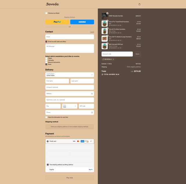 Boveda Store checkout page showing Boveda Store promo code box | Screenshot taken by SimplyCodes community member on Sep 4, 2025