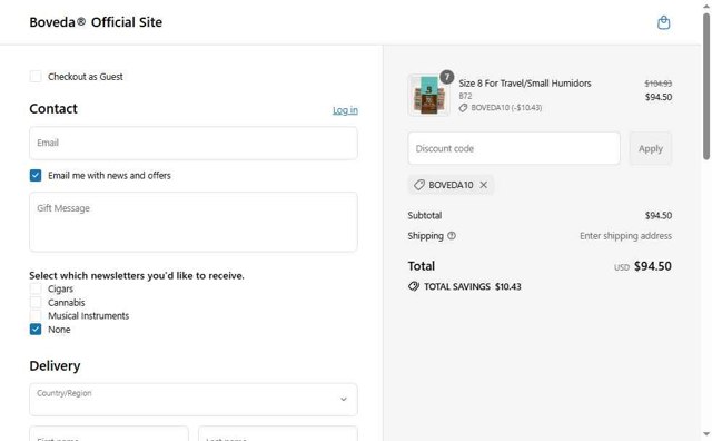 Boveda checkout page showing Boveda discount code box | Screenshot taken by SimplyCodes community member on Jul 5, 2025
