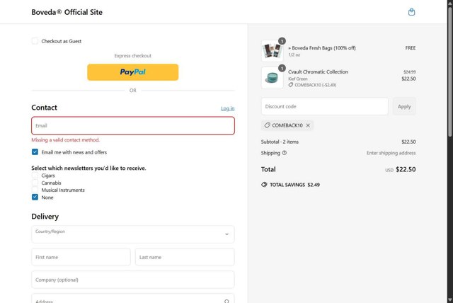 Boveda checkout page showing Boveda discount code box | Screenshot taken by SimplyCodes community member on Apr 28, 2025