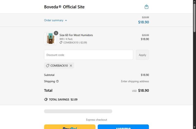 Boveda checkout page showing Boveda discount code box | Screenshot taken by SimplyCodes community member on Apr 28, 2025