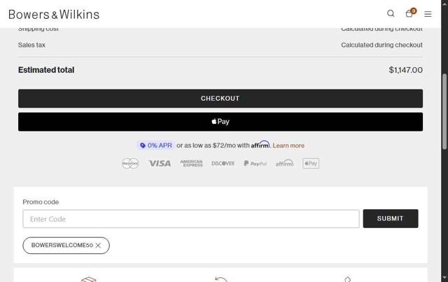 Bowers & Wilkins checkout page showing Bowers & Wilkins promo code box | Screenshot taken by SimplyCodes community member on Jul 18, 2025