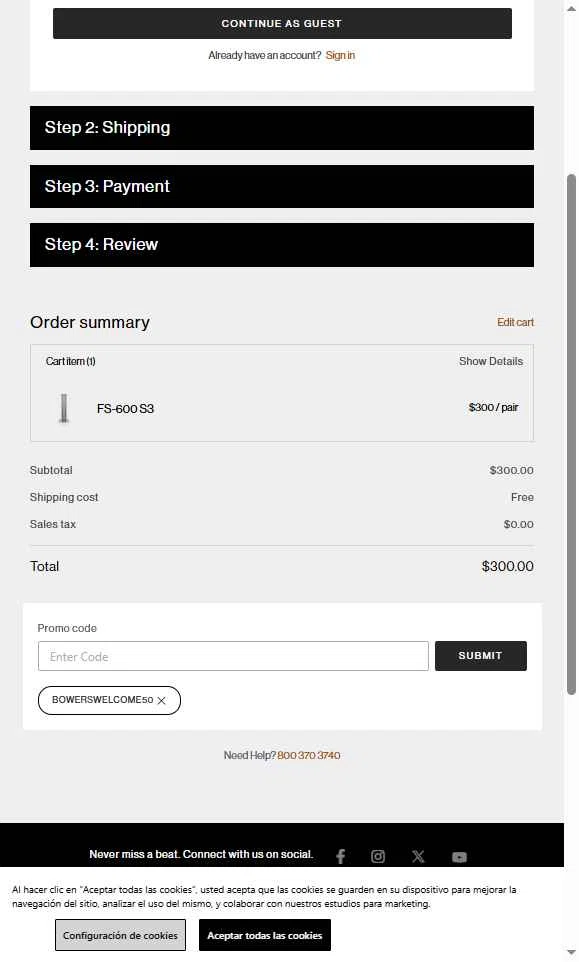 Bowers & Wilkins checkout page showing Bowers & Wilkins promo code box | Screenshot taken by SimplyCodes community member on Oct 27, 2025