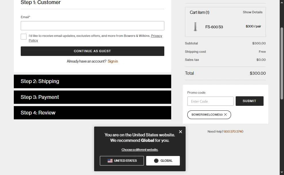 Bowers & Wilkins checkout page showing Bowers & Wilkins promo code box | Screenshot taken by SimplyCodes community member on Oct 20, 2025