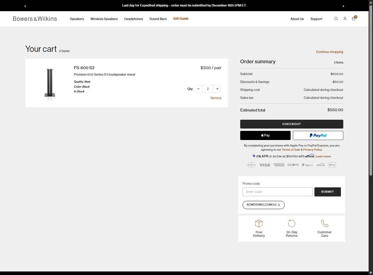 Bowers & Wilkins checkout page showing Bowers & Wilkins promo code box | Screenshot taken by SimplyCodes community member on Dec 13, 2025