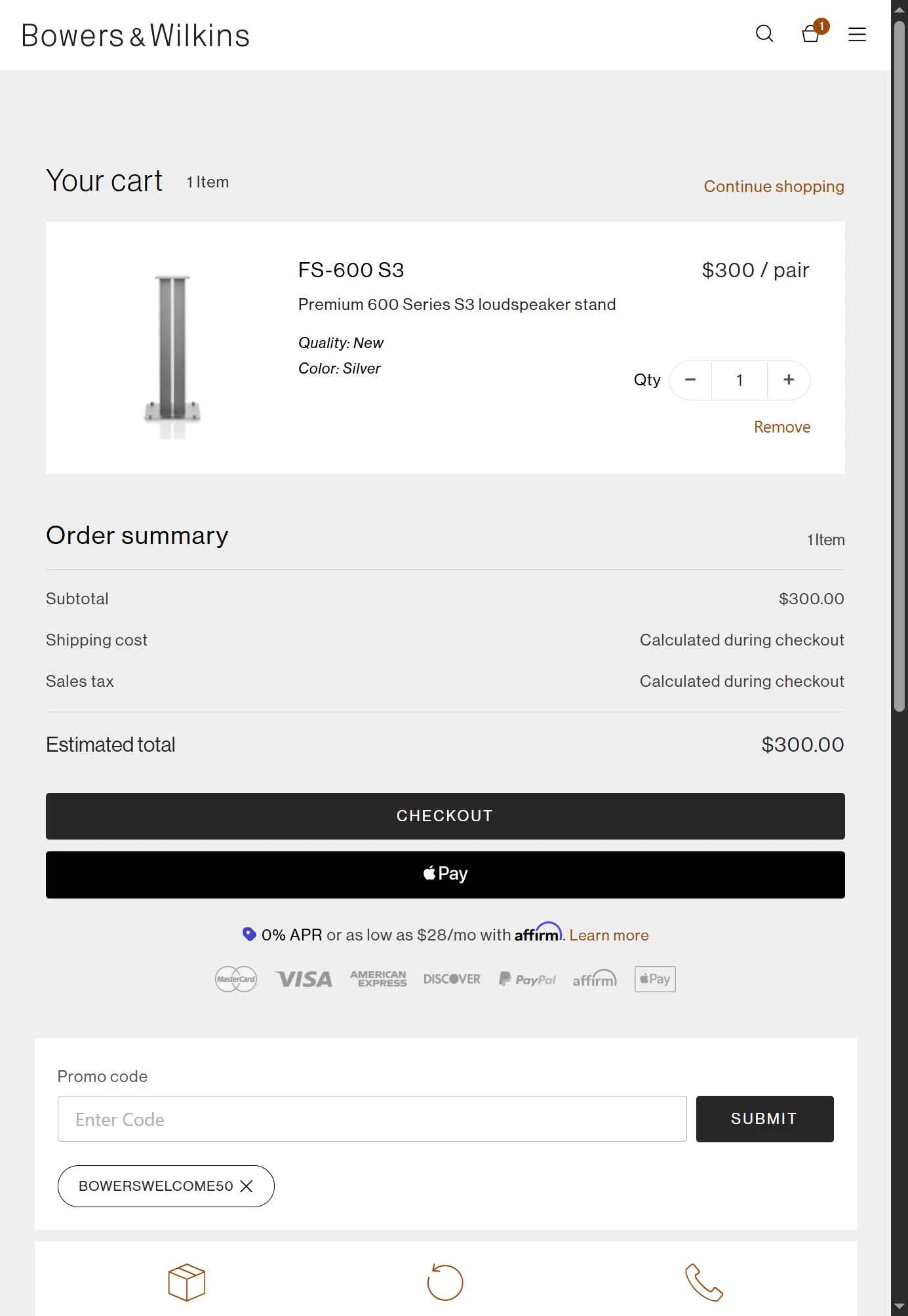 Bowers & Wilkins checkout page showing Bowers & Wilkins promo code box | Screenshot taken by SimplyCodes community member on Aug 27, 2025