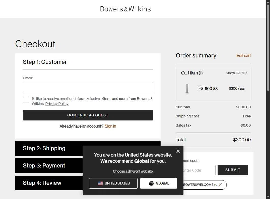 Bowers & Wilkins checkout page showing Bowers & Wilkins promo code box | Screenshot taken by SimplyCodes community member on Sep 16, 2025