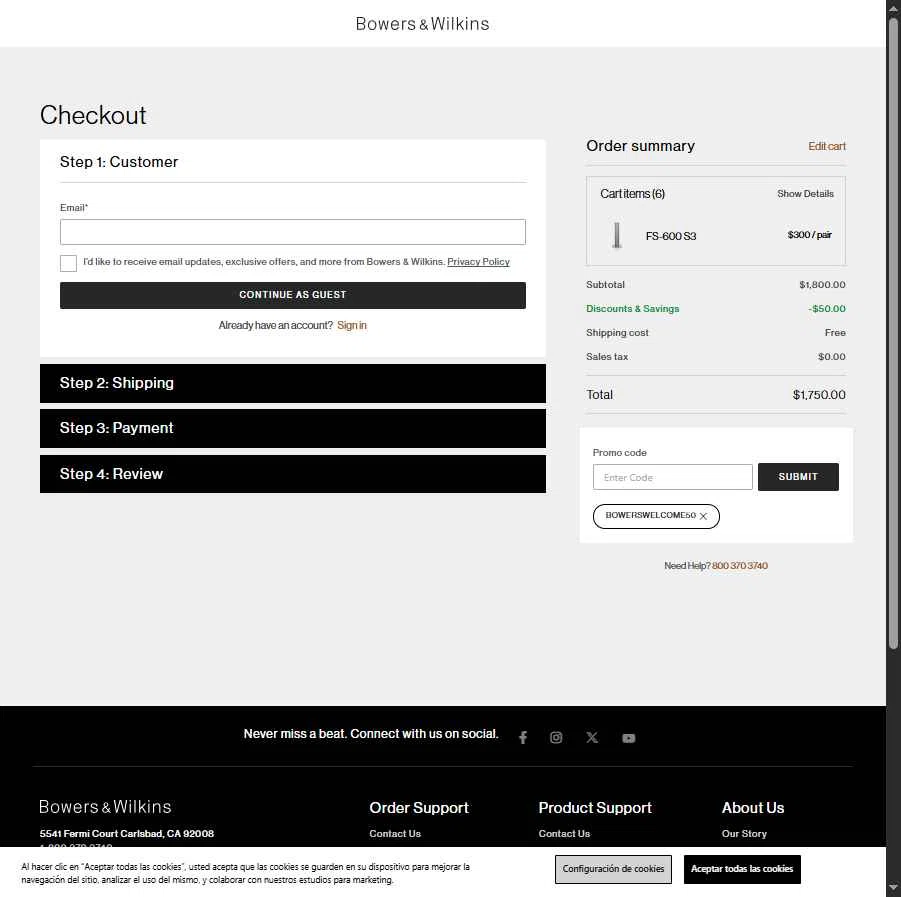 Bowers & Wilkins checkout page showing Bowers & Wilkins promo code box | Screenshot taken by SimplyCodes community member on Oct 3, 2025